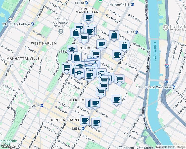 map of restaurants, bars, coffee shops, grocery stores, and more near 2291 Adam Clayton Powell Junior Boulevard in New York