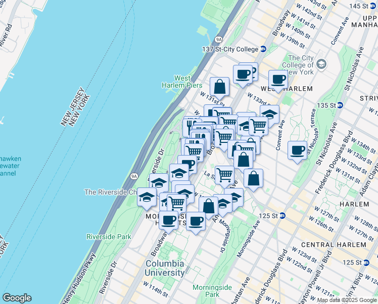 map of restaurants, bars, coffee shops, grocery stores, and more near 189 Claremont Avenue in New York
