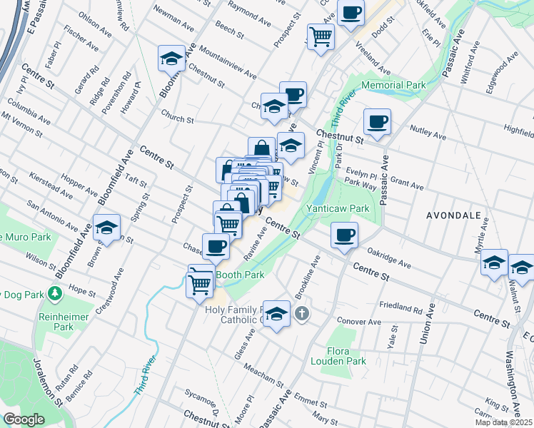 map of restaurants, bars, coffee shops, grocery stores, and more near 376 Centre Street in Nutley