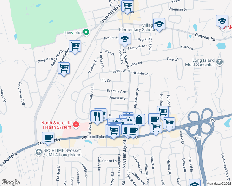 map of restaurants, bars, coffee shops, grocery stores, and more near 19 Beatrice Avenue in Syosset