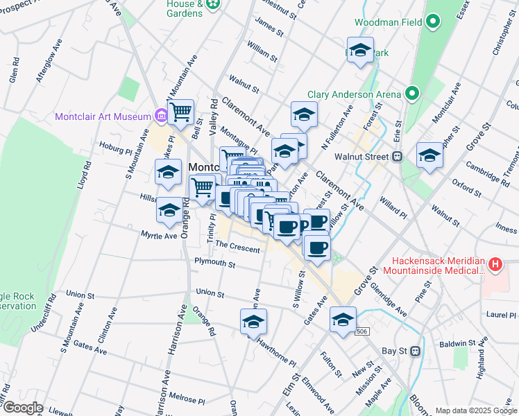map of restaurants, bars, coffee shops, grocery stores, and more near 505 Bloomfield Avenue in Montclair