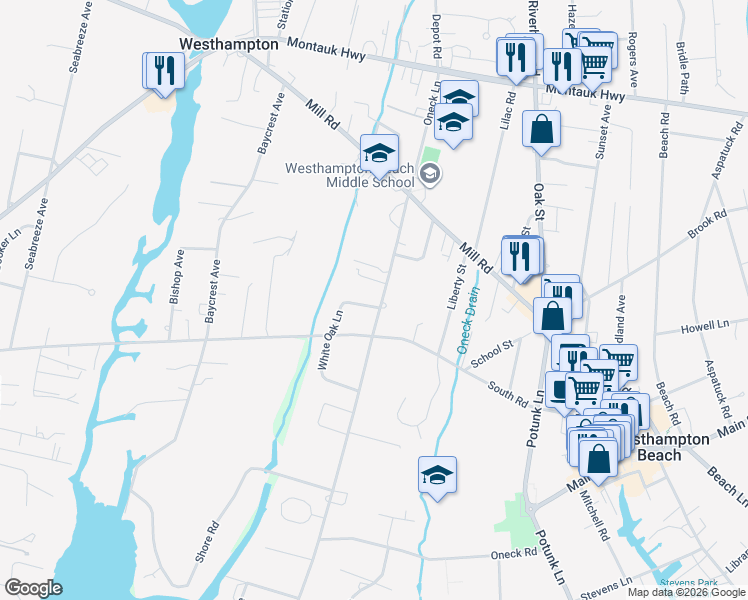 map of restaurants, bars, coffee shops, grocery stores, and more near 115 Oneck Lane in Westhampton Beach