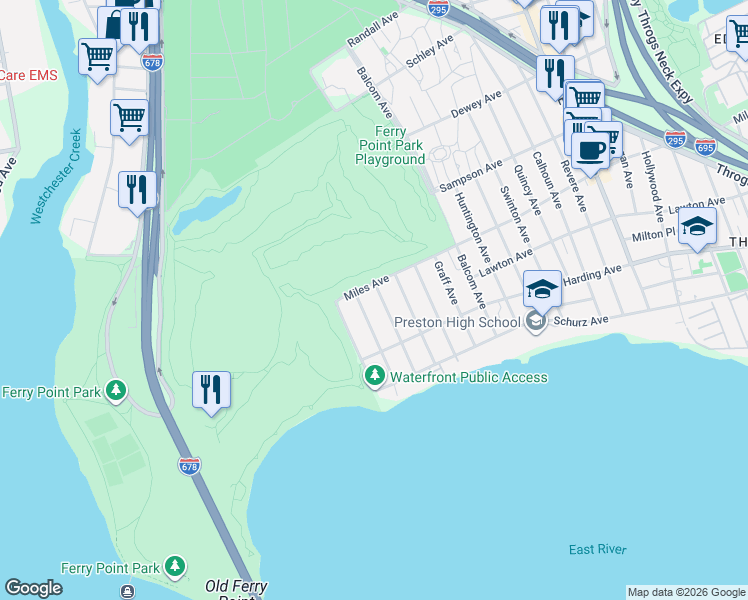 map of restaurants, bars, coffee shops, grocery stores, and more near 2606 Miles Avenue in Bronx
