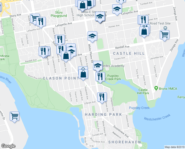 map of restaurants, bars, coffee shops, grocery stores, and more near in The Bronx