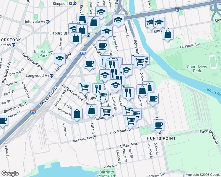 map of restaurants, bars, coffee shops, grocery stores, and more near 711 Faile Street in Bronx