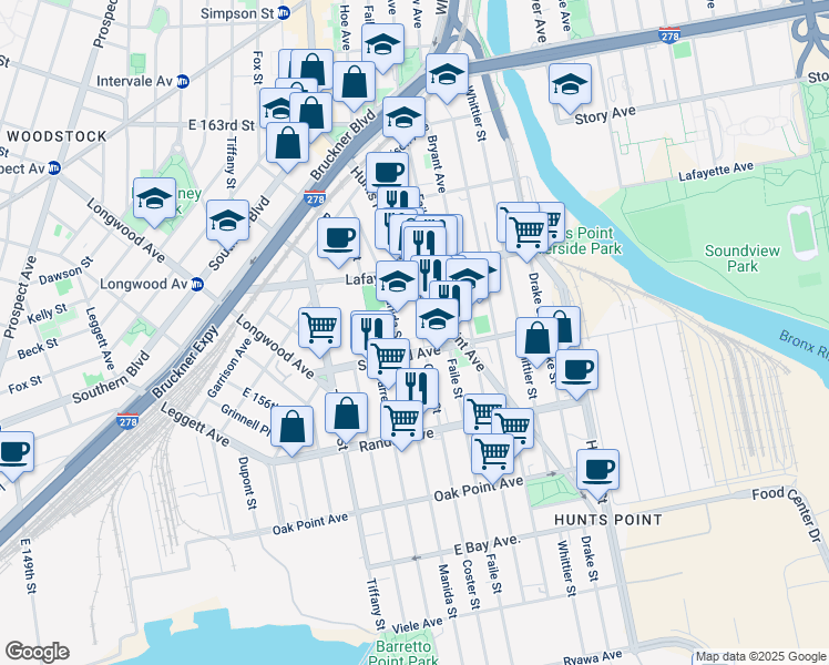 map of restaurants, bars, coffee shops, grocery stores, and more near in The Bronx