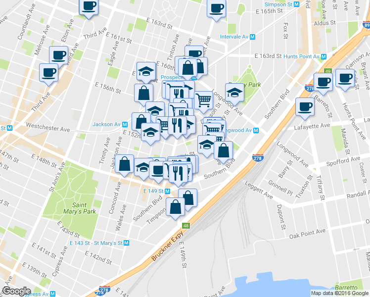 map of restaurants, bars, coffee shops, grocery stores, and more near 947 Avenue Saint John in Bronx