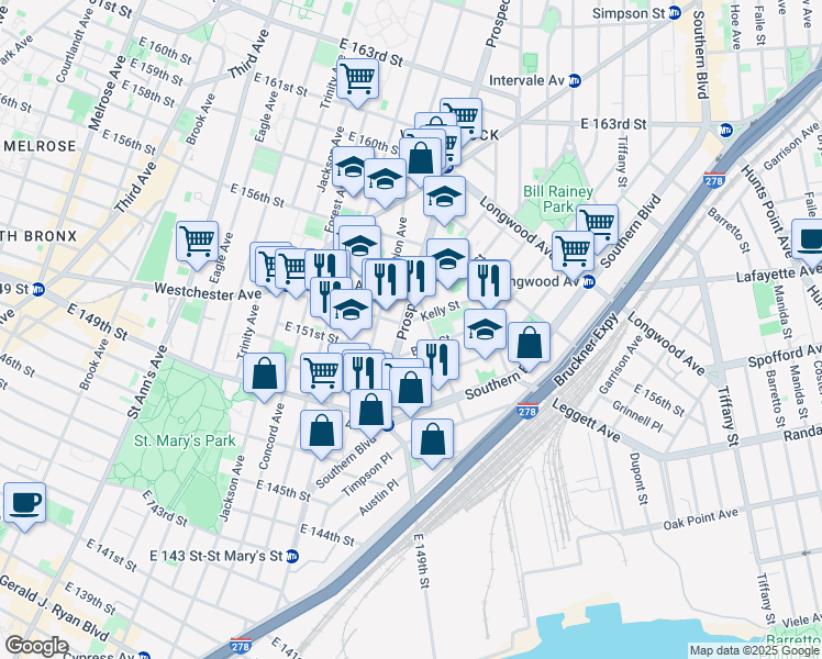 map of restaurants, bars, coffee shops, grocery stores, and more near 835b East 152nd Street in The Bronx
