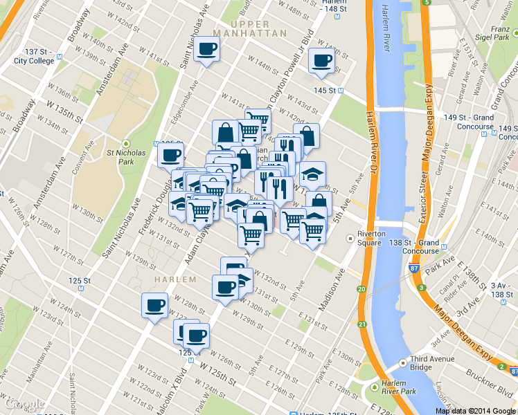 map of restaurants, bars, coffee shops, grocery stores, and more near in New York