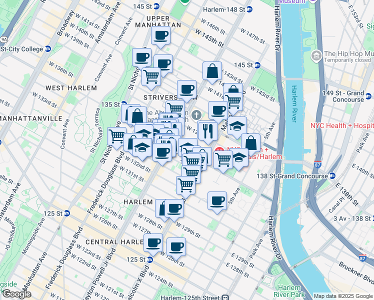 map of restaurants, bars, coffee shops, grocery stores, and more near 139 West 135th Street in New York