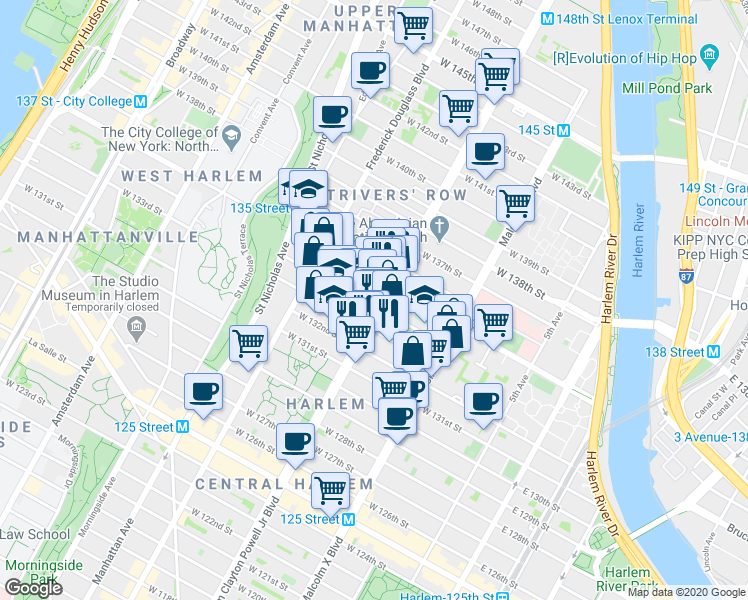 map of restaurants, bars, coffee shops, grocery stores, and more near in New York