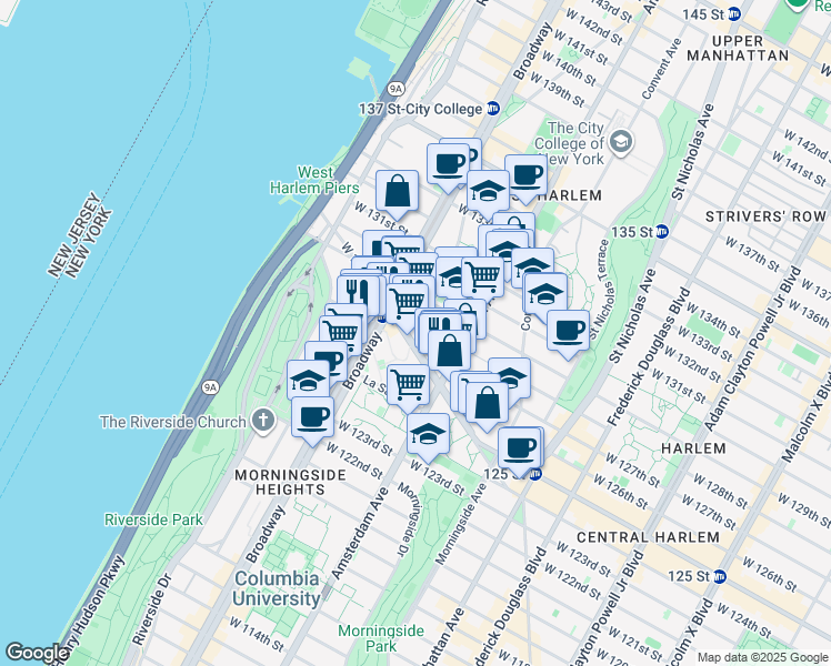 map of restaurants, bars, coffee shops, grocery stores, and more near 551-553 West 125th Street in New York