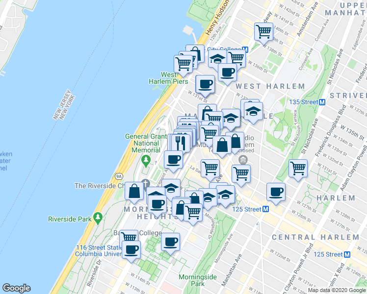map of restaurants, bars, coffee shops, grocery stores, and more near 189 Claremont Avenue in New York