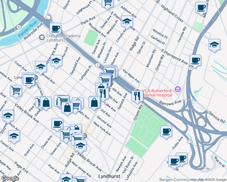 map of restaurants, bars, coffee shops, grocery stores, and more near 28 Ridge Road in Lyndhurst