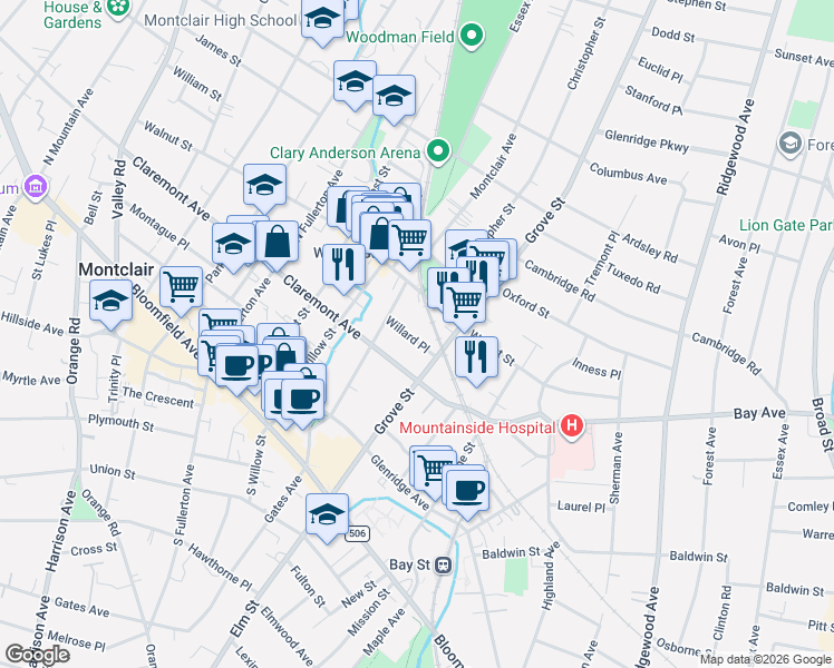 map of restaurants, bars, coffee shops, grocery stores, and more near 9 Willard Place in Montclair