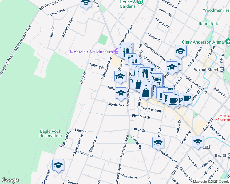 map of restaurants, bars, coffee shops, grocery stores, and more near 24 Hillside Avenue in Montclair