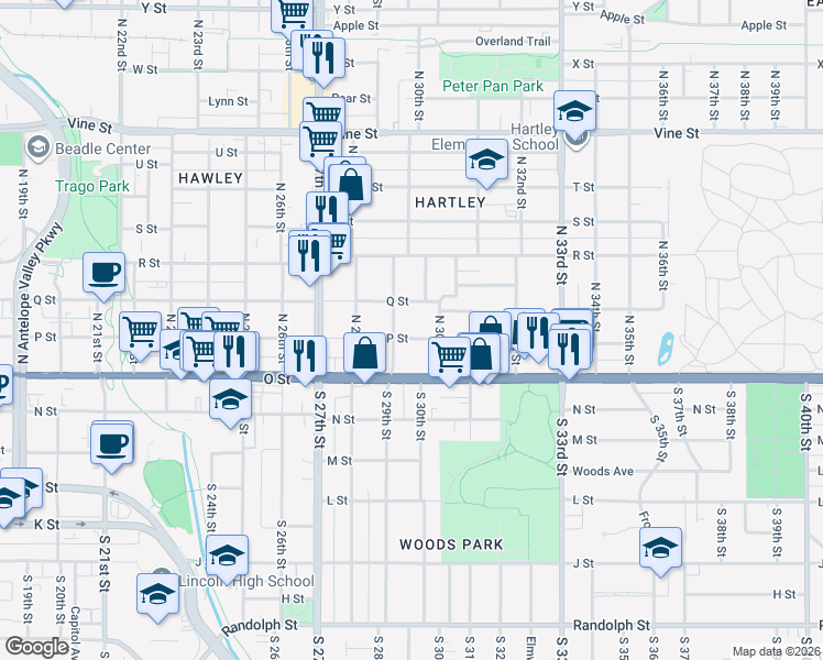 map of restaurants, bars, coffee shops, grocery stores, and more near 2956 P Street in Lincoln