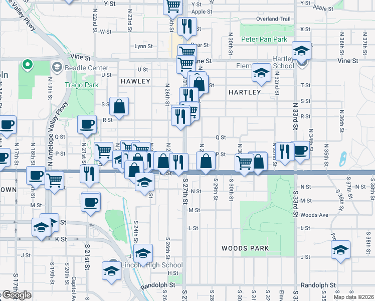 map of restaurants, bars, coffee shops, grocery stores, and more near 2644 P Street in Lincoln