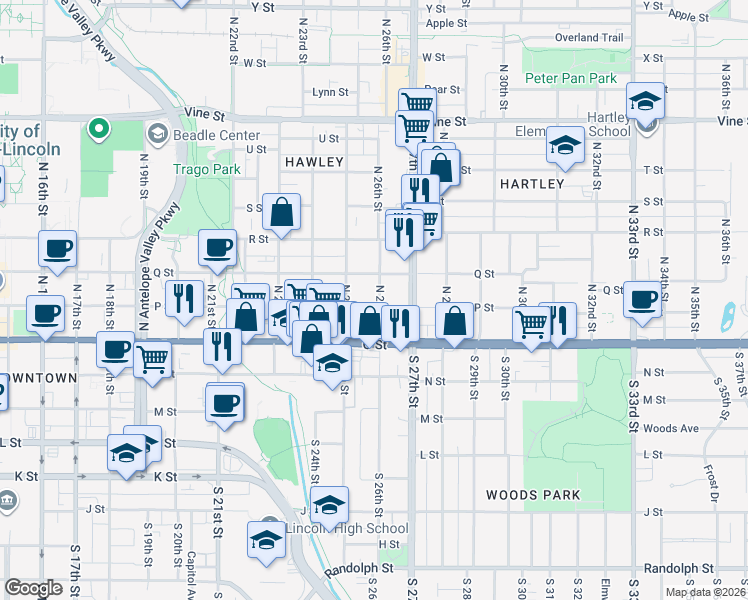 map of restaurants, bars, coffee shops, grocery stores, and more near 2544 P Street in Lincoln