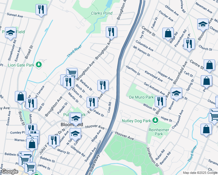 map of restaurants, bars, coffee shops, grocery stores, and more near 104 East Passaic Avenue in Nutley