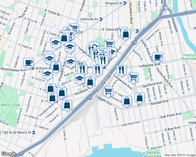 map of restaurants, bars, coffee shops, grocery stores, and more near 762 Southern Boulevard in The Bronx