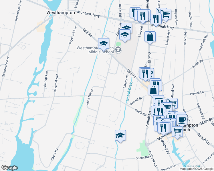 map of restaurants, bars, coffee shops, grocery stores, and more near 100 Oneck Lane in Westhampton Beach