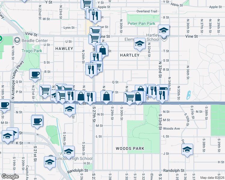 map of restaurants, bars, coffee shops, grocery stores, and more near 2850 P Street in Lincoln