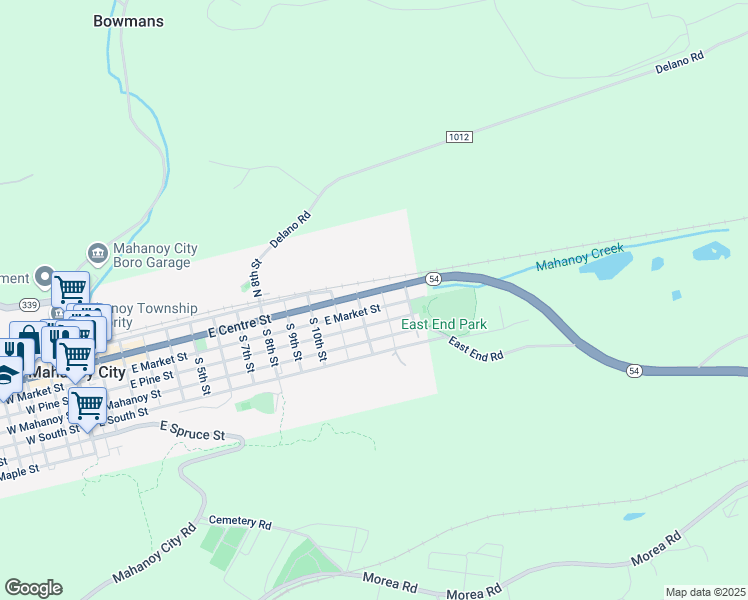 map of restaurants, bars, coffee shops, grocery stores, and more near 1222 East Centre Street in Mahanoy City