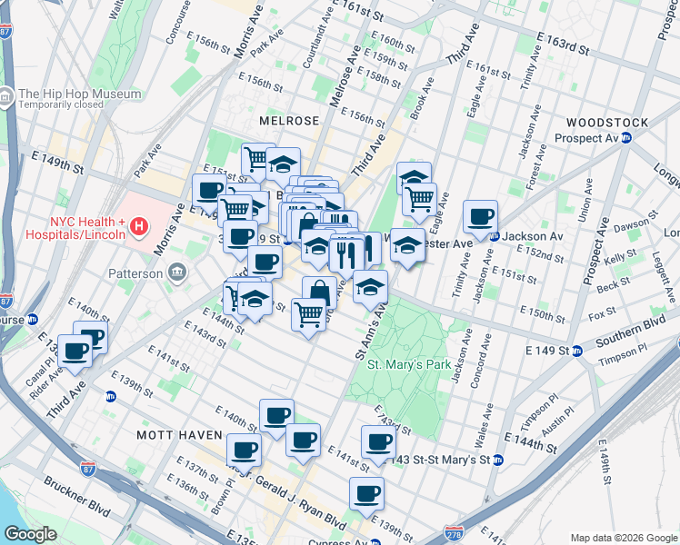 map of restaurants, bars, coffee shops, grocery stores, and more near 452 East 149th Street in Bronx