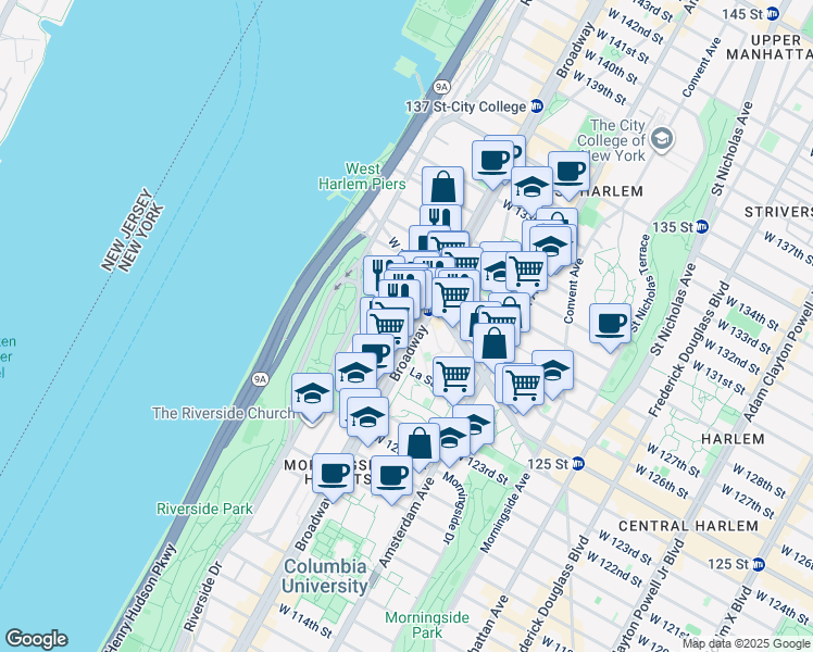 map of restaurants, bars, coffee shops, grocery stores, and more near 3161 Broadway in New York