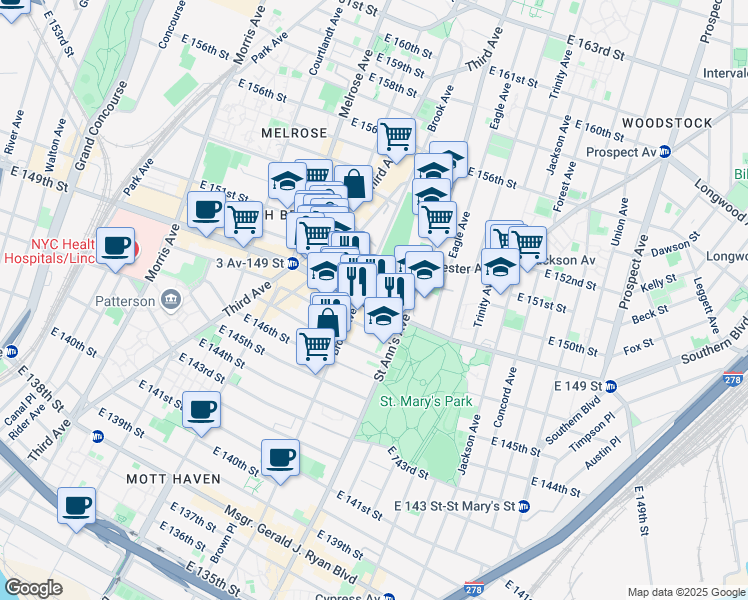 map of restaurants, bars, coffee shops, grocery stores, and more near 501 East 149th Street in Bronx