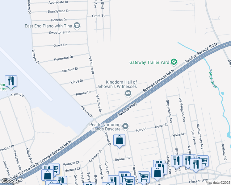 map of restaurants, bars, coffee shops, grocery stores, and more near 5 Crescent Street in Mastic