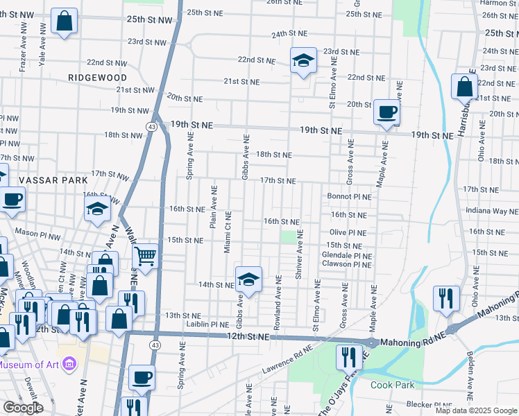 map of restaurants, bars, coffee shops, grocery stores, and more near 1627 Struble Avenue Northeast in Canton