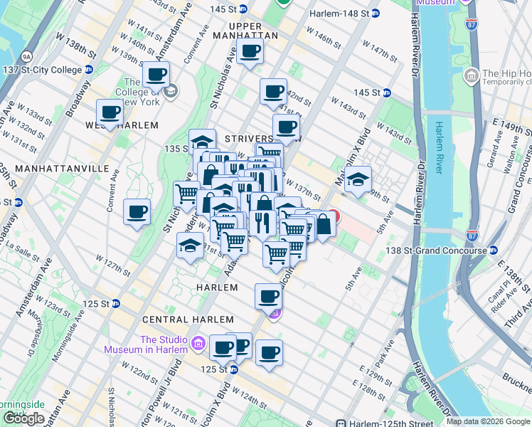 map of restaurants, bars, coffee shops, grocery stores, and more near 2305 Adam Clayton Powell Junior Boulevard in New York