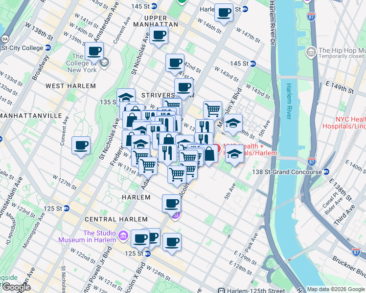 map of restaurants, bars, coffee shops, grocery stores, and more near 145 West 135th Street in New York