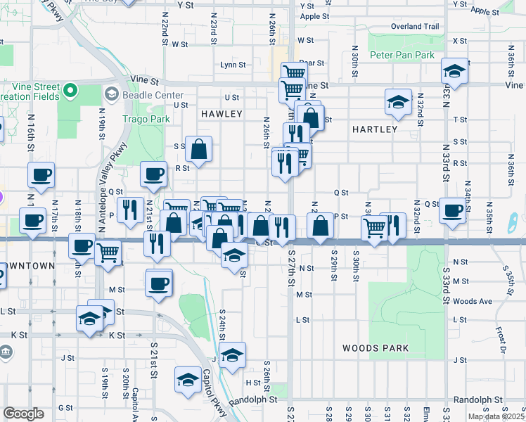 map of restaurants, bars, coffee shops, grocery stores, and more near 2544 P Street in Lincoln
