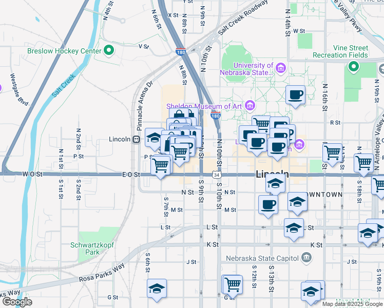 map of restaurants, bars, coffee shops, grocery stores, and more near 816 P Street in Lincoln