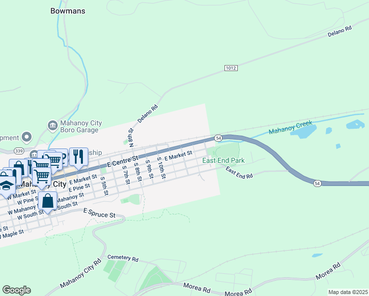 map of restaurants, bars, coffee shops, grocery stores, and more near 1228 East Centre Street in Mahanoy City