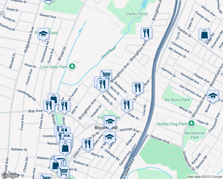 map of restaurants, bars, coffee shops, grocery stores, and more near 80 Birch Street in Bloomfield