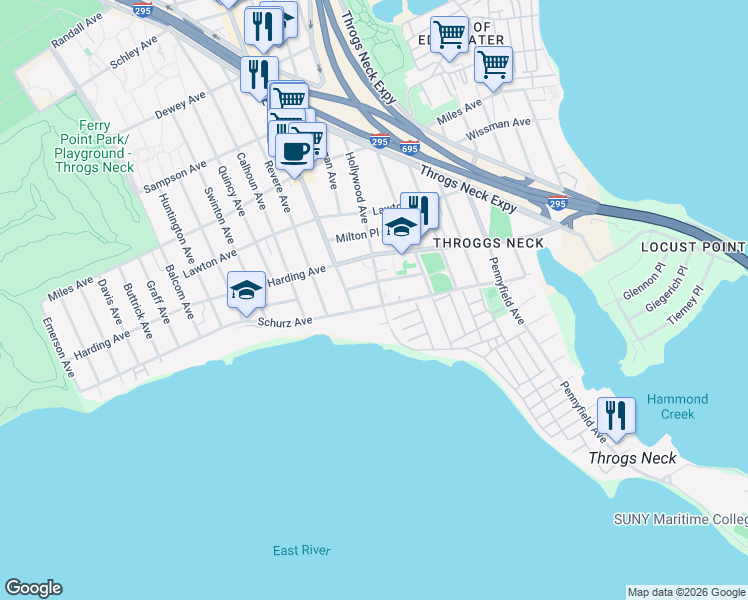 map of restaurants, bars, coffee shops, grocery stores, and more near 142 Hollywood Avenue in Bronx