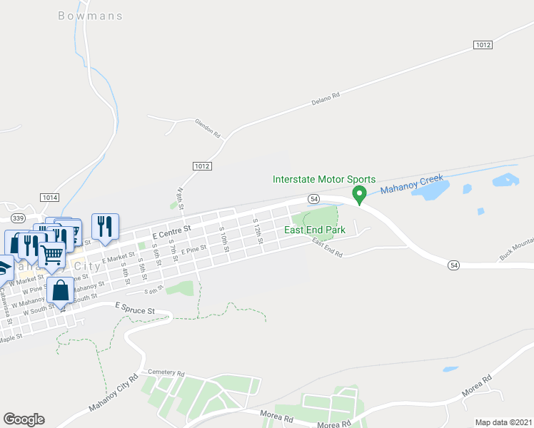 map of restaurants, bars, coffee shops, grocery stores, and more near 1228 East Centre Street in Mahanoy City