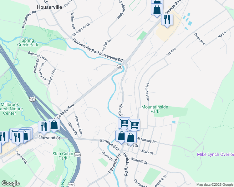 map of restaurants, bars, coffee shops, grocery stores, and more near 512 Hickory Lane in State College
