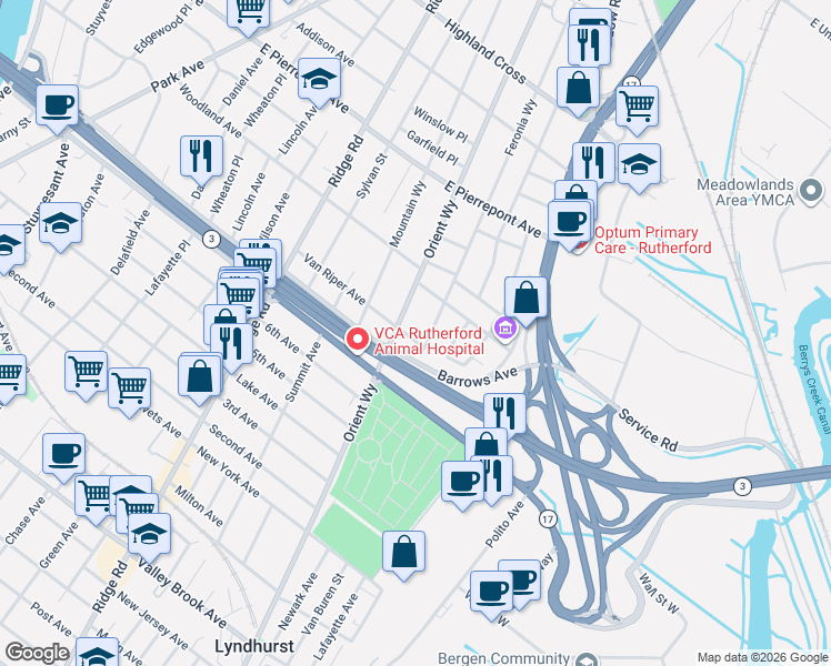 map of restaurants, bars, coffee shops, grocery stores, and more near 115 Van Riper Avenue in Rutherford
