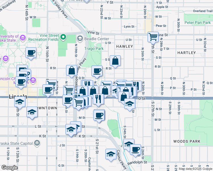 map of restaurants, bars, coffee shops, grocery stores, and more near 222 North 22nd Street in Lincoln