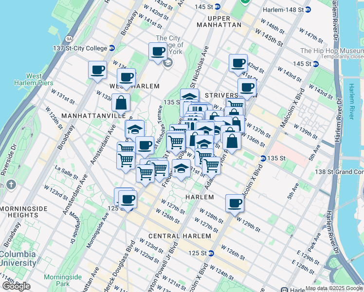 map of restaurants, bars, coffee shops, grocery stores, and more near 2471 Frederick Douglass Boulevard in New York