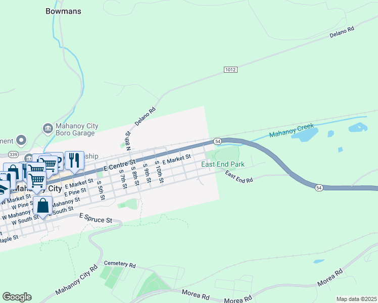 map of restaurants, bars, coffee shops, grocery stores, and more near 1230 East Centre Street in Mahanoy City