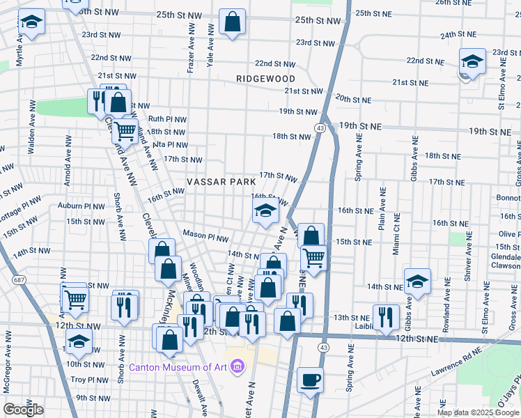 map of restaurants, bars, coffee shops, grocery stores, and more near 1539 Logan Avenue Northwest in Canton