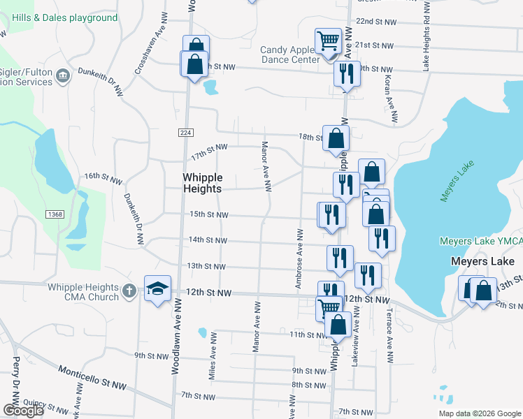 map of restaurants, bars, coffee shops, grocery stores, and more near 4619 15th Street Northwest in Canton