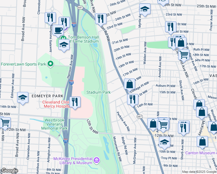 map of restaurants, bars, coffee shops, grocery stores, and more near 1624 Monument Road Northwest in Canton