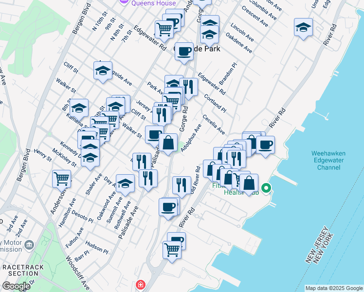 map of restaurants, bars, coffee shops, grocery stores, and more near 321 Adolphus Avenue in Cliffside Park
